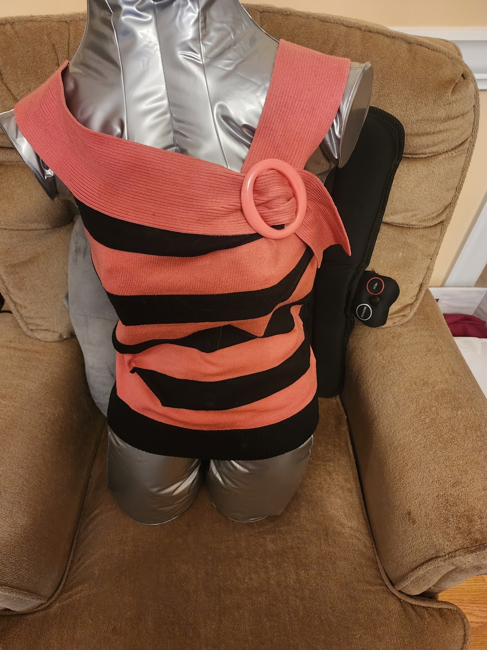 Coral and Black Striped Shoulder Bag with Decorative Ring Accent